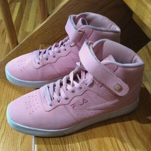 FILA Size 8 Light pink lace up sneaker with velcro ankle strap. Well loved!